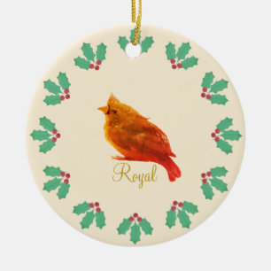 Süßer roter Vogel und Stechpalmenbeeren Keramik Ornament