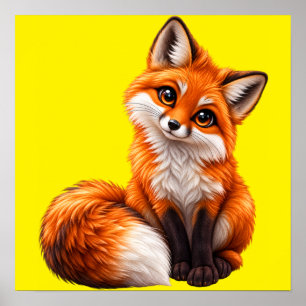 Süßer Rotfuchs-Kunstposter auf gelbem Hintergrund Poster