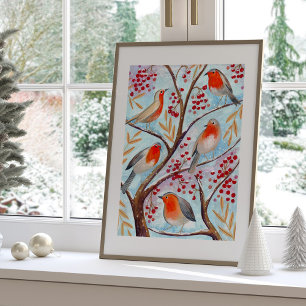 Süßer Rotkehlchen Vogel Blaue Weihnachtsfamilie Poster