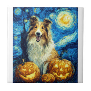 Süßer Rough Collie Hund Halloween Jack O Lantern K Fliese
