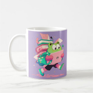 Süßer Rückkehr-zur-Schule-Frosch mit Büchern und R Kaffeetasse