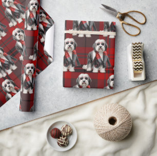 Süßer Schäferhund und rotes Karomuster lustiges We Geschenkpapier