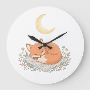 Süßer schlafender Fuchs auf Quilt unter dem Halbmo Große Wanduhr