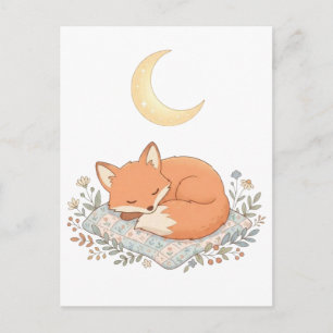 Süßer schlafender Fuchs auf Quilt unter dem Halbmo Postkarte