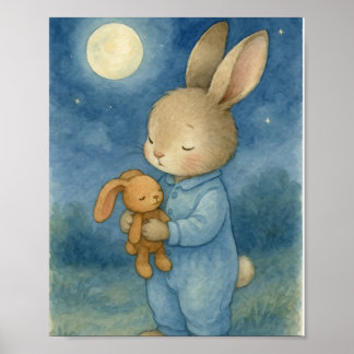 Süßer schlafender Hase & Teddy Mondlicht-Aquarell Poster