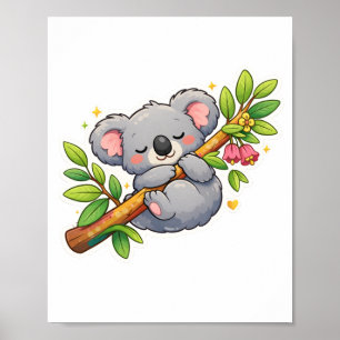 Süßer schlafender Koala auf Eukalyptusast Kawaii Poster