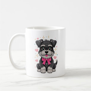 Süßer Schnauzer mit rosa Schleife umgeben von Herz Kaffeetasse