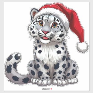 Süßer Schneeleoparden-Cartoon mit Weihnachtsmannmü Aufkleber