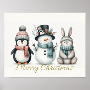 Süßer Schneemann & Freunde Weihnachtswandbild Poster