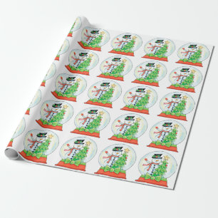 Süßer Schneemann in einer Schneekugel mit Weihnach Geschenkpapier