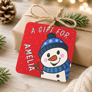 Süßer Schneemann-Kinder-Name-Weihnachtsgeschenk Quadratischer Aufkleber