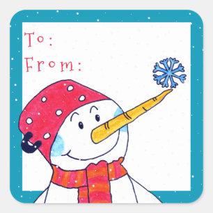 Süßer Schneemann mit Schneeflocken-Weihnachtsgesch Quadratischer Aufkleber