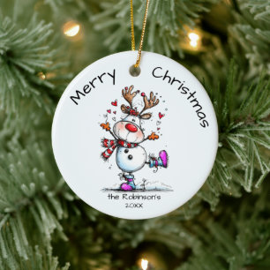 Süßer Schneemann Rentier Familienname Jahr Keramik Ornament