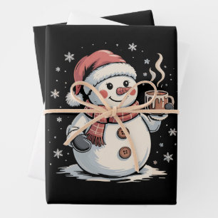 Süßer Schneemann trinkt Kaffee Winter Schneeflocke Geschenkpapier Set