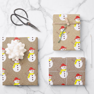 Süßer Schneemann und Schnee auf braun-beigem Kraft Geschenkpapier Set