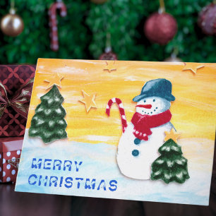 Süßer Schneemann und Weihnachtsbaum Feiertagskarte
