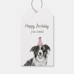 Süßer Schwarz-Weiß Border Collie Hund in Partyhut Geschenkanhänger