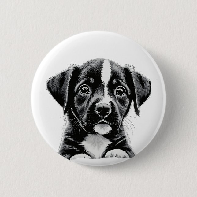 Süßer Schwarz & Weiß Welpe – Liebenswerter Hunde-B Button (Vorderseite)