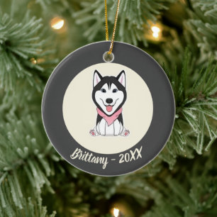 Süßer schwarz-weißer Husky-Hund Keramik Ornament