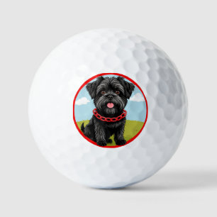 Süßer schwarzer Hund mit rotem Halsband im Cartoon Golfball
