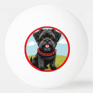 Süßer schwarzer Hund mit rotem Halsband im Cartoon Tischtennisball