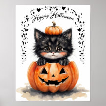 Süßer schwarzer Katzen-Halloween-Plakat | Kürbis J