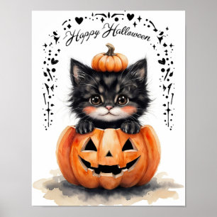 Süßer schwarzer Katzen-Halloween-Plakat Kürbis J Poster