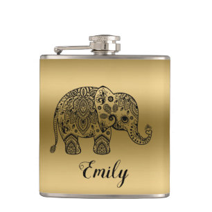 Süßer schwarzer Paisley-Elefant mit goldenem Hinte Flachmann