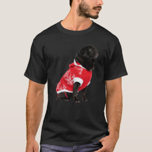 Süßer schwarzer Pug Weihnachtsmannmütze roter Pull T-Shirt