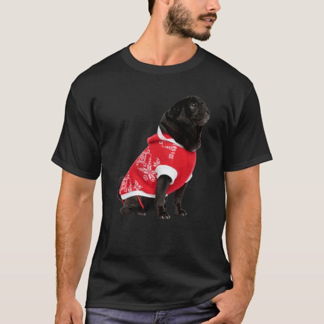 Süßer schwarzer Pug Weihnachtsmannmütze roter Pull T-Shirt (Vorderseite)