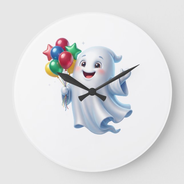 Süßer schwebender Geist mit Ballons Halloween Große Wanduhr (Vorderseite)