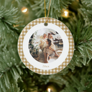 Süßer Senfgold-Karo-Photo-Weihnachten Keramik Ornament