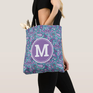Süßer Shabby Chic lila und blauer Paisley-Monogram Tasche