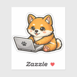 Süßer Shiba Inu mit Laptop – Gemütliche Hundeillus Aufkleber