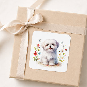 Süßer Shih Tzu Welpe Floral Aquarell Quadratischer Aufkleber