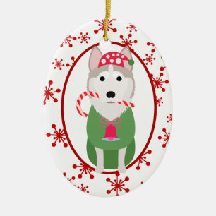 Süßer Siberian Husky roter Schneeflocken-Template Keramik Ornament