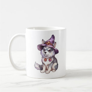Süßer sibirischer Husky-Hund mit Hexenhut Kaffeetasse