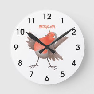 Süßer singender Rotkehlchen-Vogel-Cartoon Runde Wanduhr