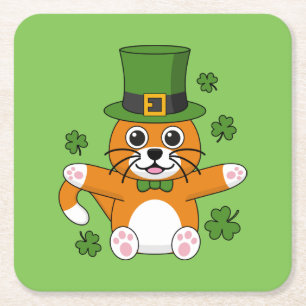 Süßer St. Patrick's Day-Kater mit Shamrocks-Cartoo Rechteckiger Pappuntersetzer