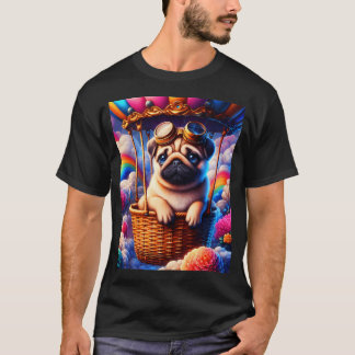 Süßer Steampunk-Mops in einem Korb eines Luftballo T-Shirt