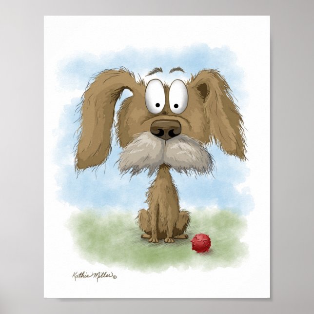 Süßer struppiger Hund Cartoon mit Ball Poster (Vorne)