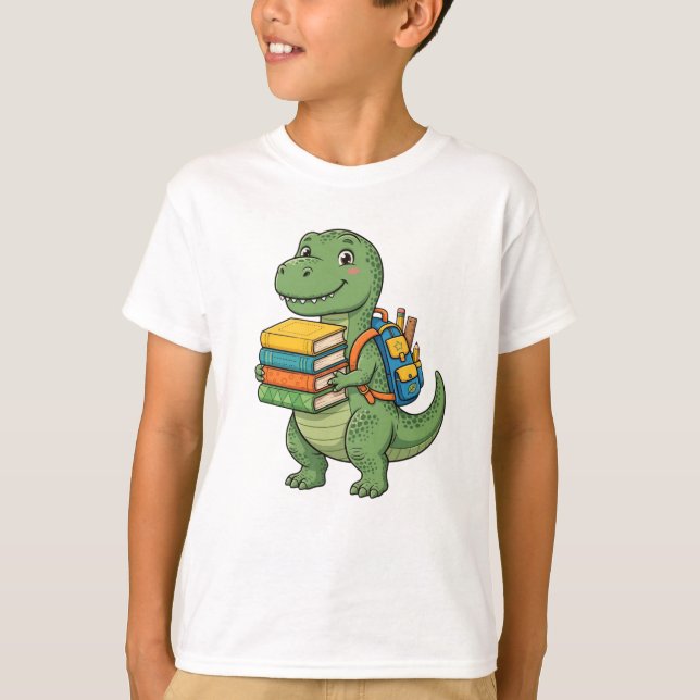 Süßer T-Rex Schüler - Rucksack Bücher zum Zurück i T-Shirt (Vorderseite)