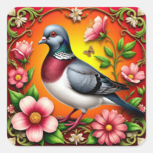 🌸 Süßer Tauben-Sticker Farbige Blumen-Vögel Quadratischer Aufkleber
