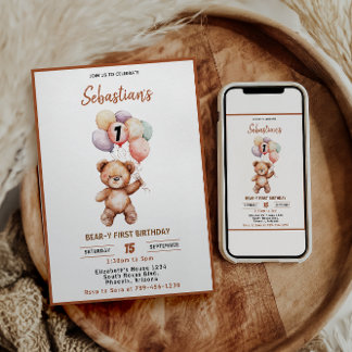 Süßer Teddybär 1. Geburtstag | Süßer Bär Einladung