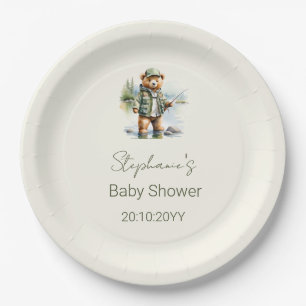 Süßer Teddybär-Angler zieht aufgeregt bei Baby Sho Pappteller