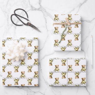 Süßer Teddybär auf einem flauschigen Wolken-Gelben Geschenkpapier Set