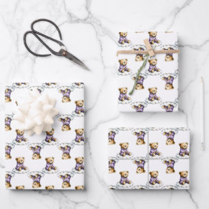 Süßer Teddybär auf einer flauschigen Wolke in lila Geschenkpapier Set