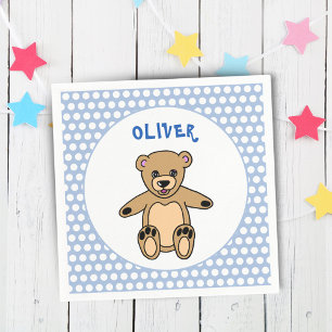 Süßer Teddybär Blau Kinder Name Geburtstagsfeier Serviette