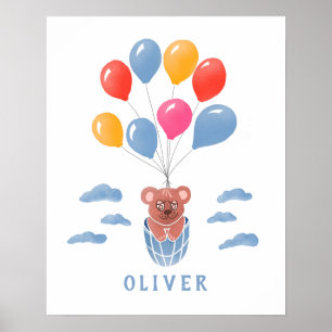 Süßer Teddybär Blaue Ballons Jungen Name Poster