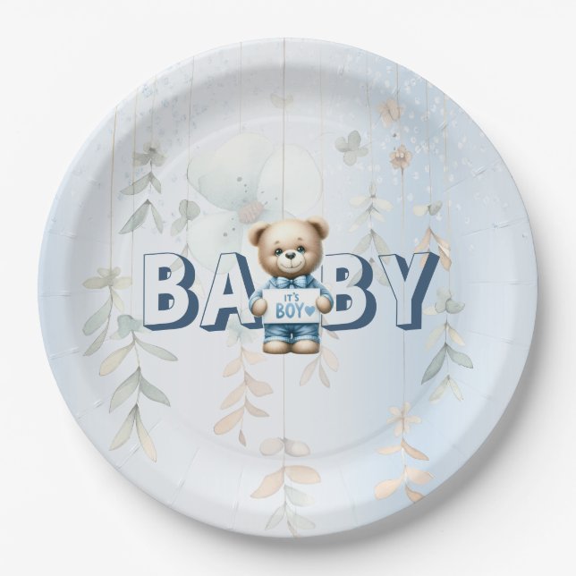 Süßer Teddybär Blaues Blumenfest Pappteller (Vorderseite)